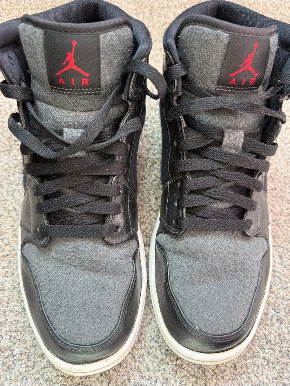 Jordan 1 Mid-Top Sneakers in Black, Gray & Red Jump man
